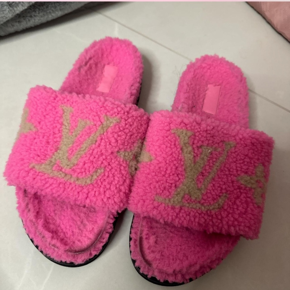 Pink Sherpa Louis Vuitton Slides